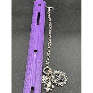 Silvertone Fleur De Lis & Heart Bracelet Spring Ring Closure Length 10 Inches